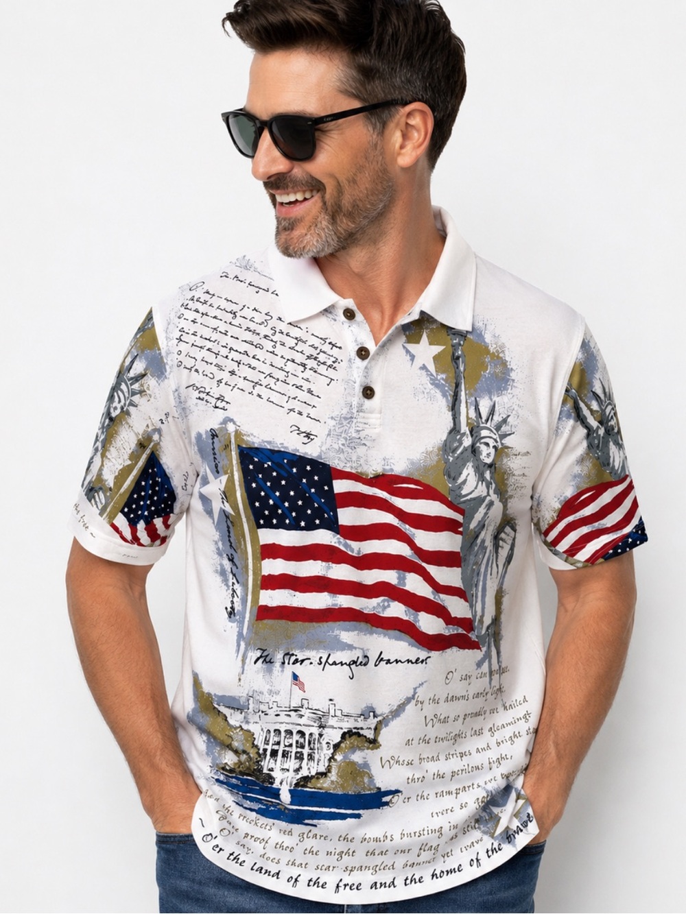 Men's White Graphic American-Flag Polo Shirt